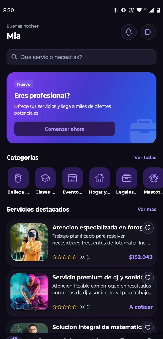 App nativa desarrollada por ZeilSoft, vista en un teléfono: inicio, categorías y servicios