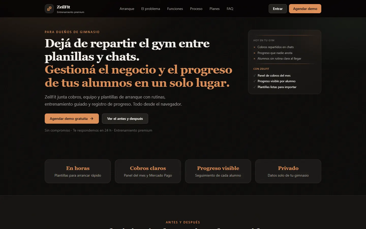Landing de ZeilFit, software de gestión para gimnasios, con comparación antes y después
